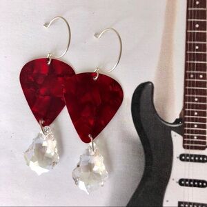 Guitar Pick Earrings OOAK Champagne crystal drops